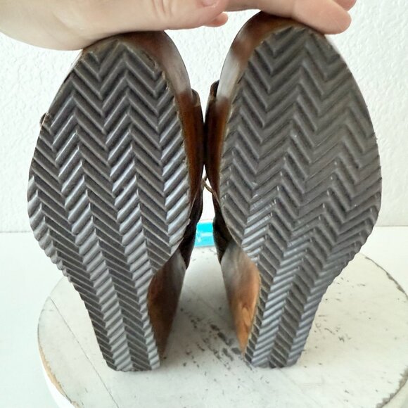 Lane Becca Leather Wedge Sandals Womens 8 Desert Clay Western Cutout Wooden Heel - Picture 8 of 12